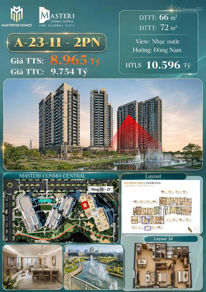 Masteri cosmo central căn 2pn view nhạc nước hiếm, giá cực tốt 8,965 tỷ