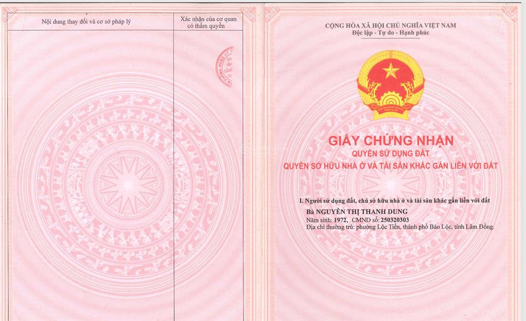 Bán qsdđ thửa đất số 129, tbđ 36 lộc tân, h. bảo lâm (nay là phường 2 bảo lộc), tỉnh lâm đồng