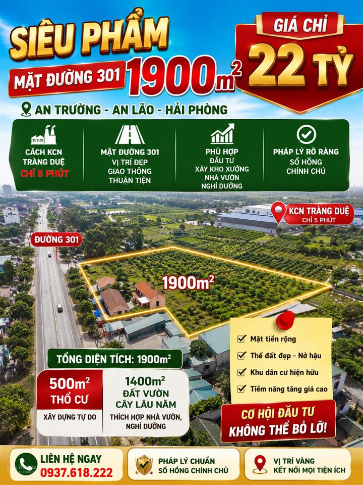 Siêu phẩm mặt đường 301 cơ hội đầu tư hiếm có tại an lão, hải phòng tổng diện tích 1900m2 giá 22tỷ