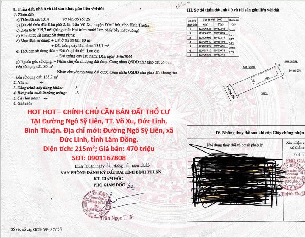HOT HOT – CHÍNH CHỦ CẦN BÁN ĐẤT THỔ CƯ TẠI Đường Ngô Sỹ Liên, TT. Võ Xu, Đức Linh, Bình