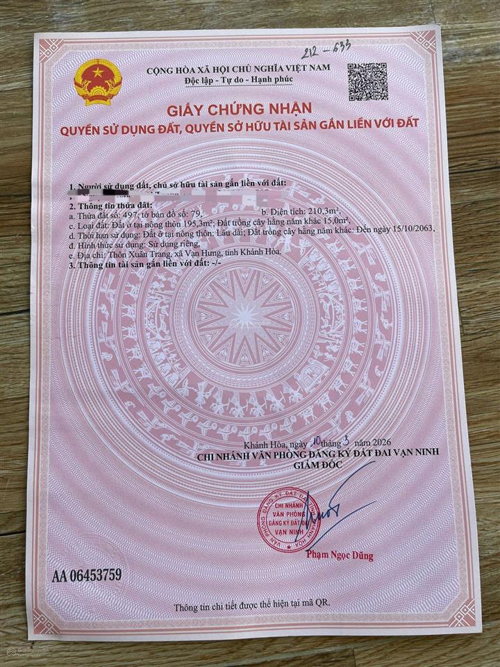 Bán đất thổ cư vạn hưng vạn ninh dt 210.3m². ngang 5,4m nở hậu 6,7m