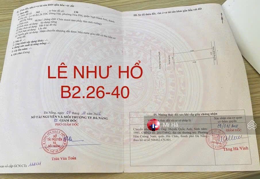 Lô đất đường lê như hổ đường 7,5m, vỉa hè 4,5m hướng tây, dt 98,8m