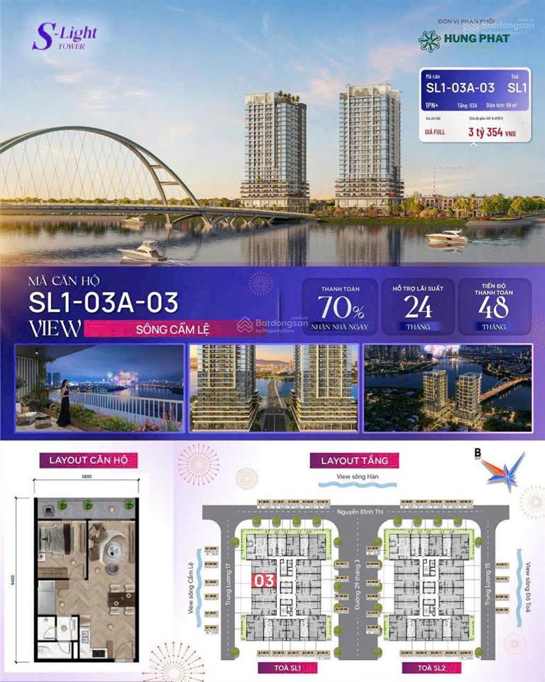 Nổi bật căn 1pn+1 công năng 2pn, 1wc cho gia đình trẻ view sông chỉ 2,7 tỷ tại slight tower