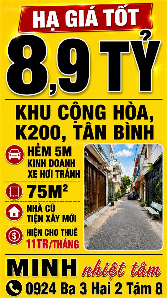 Hxh 5m hoàng hoa thám k200, tân bình 2 tầng cũ tiện xây, hiện cho thuê 11tr, hạ còn 8,9 tỷ