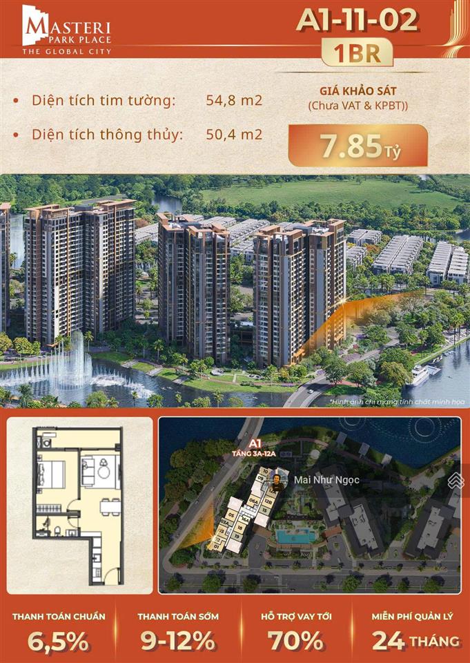Chính chủ bán căn hộ 1 phòng ngủ a1.11.02 masteri park place, the global city