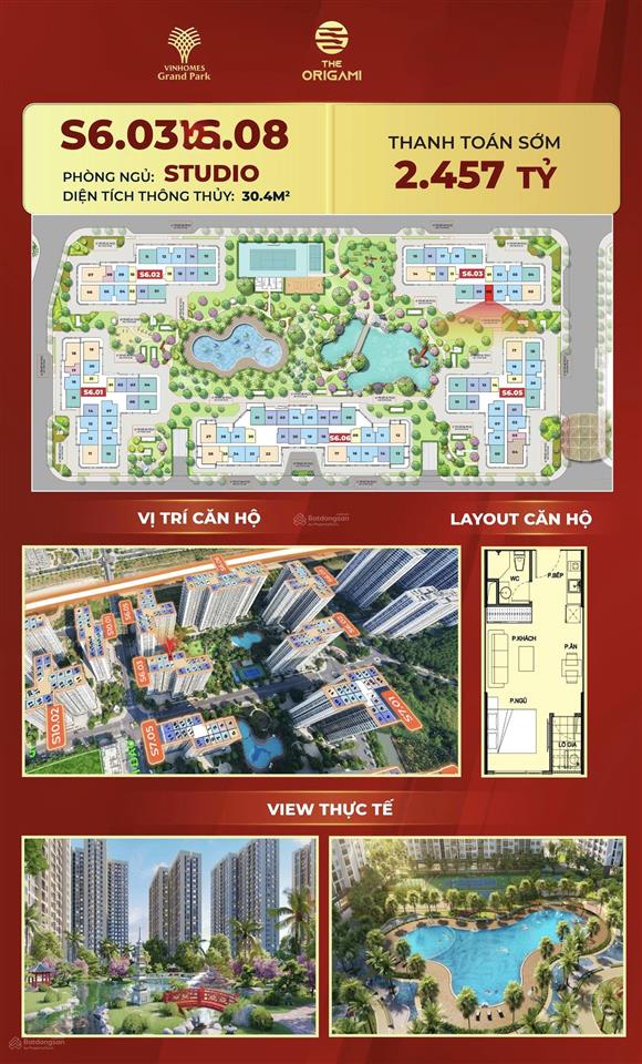 Bán căn studio origami cuối cùng mua trực tiếp cđt, diện tích 33,8m2 giá 2,4ty sẵn nhà giao ngay