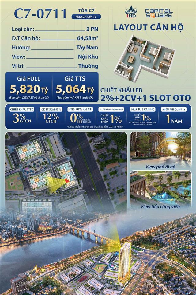 Bán căn hộ trung tâm sông hàn đà nẵng 2br(66m2) 2wc chỉ 5,064 tỷ siêu rẻ trực tiếp chủ đầu tư