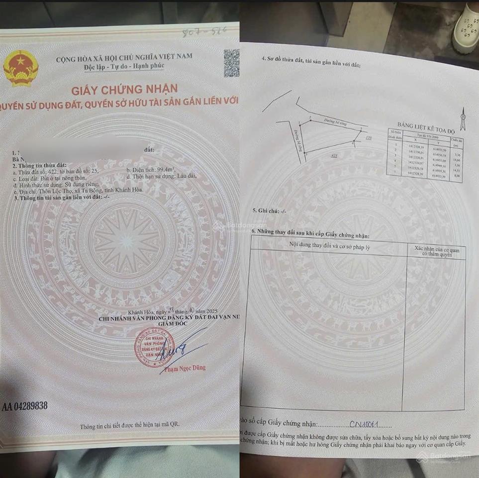 Bán lô đất 2 mặt tiền đường bê tông tu bông bắc vân phong giá chỉ 16.5 triệu/m²