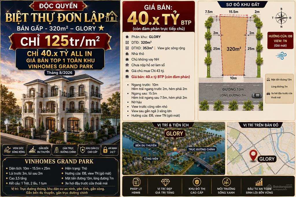 Chủ cần tiền bán gấp biệt thự đơn lập view sông 321m2 glory chỉ 121tr/m2 chỉ 39 tỷ btp