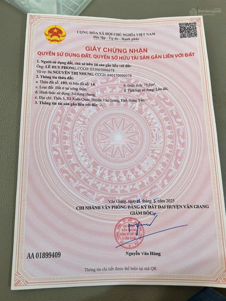 Bán đất xuân quan, văn giang, hưng yên 76m2 giá 62tr/m