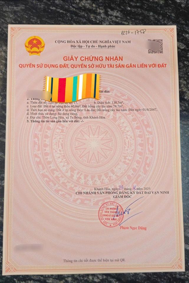 Thửa 220 tờ 17 bán đất tại thôn long hoà, xã tu bông, huyện vạn ninh, khánh hòa