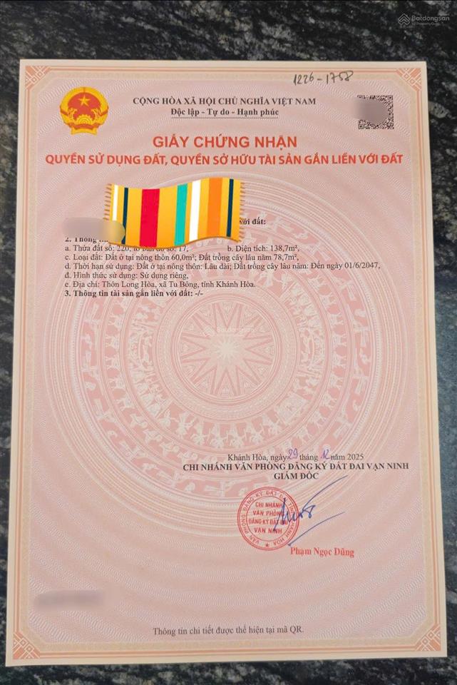 Thửa 220 tờ 17 bán đất tại thôn long hoà, xã tu bông, huyện vạn ninh, khánh hòa