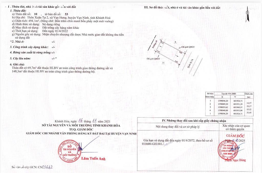 Bán đất tại quốc lộ 1a, xuân tự 2, vạn hưng, 24 triệu / m2, 494 m2 bao đẹp