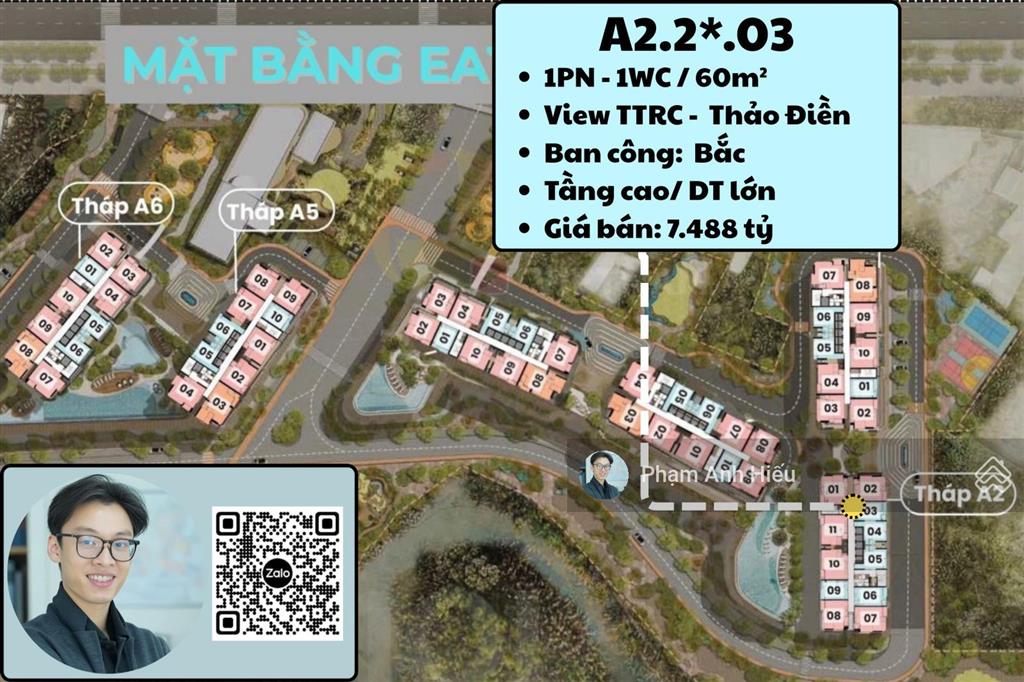 1pn trục đẹp dự án tháp a2 lầu 2x diện tích 60m2 view góc nhìn về toàn khu thảo điền và ttrc