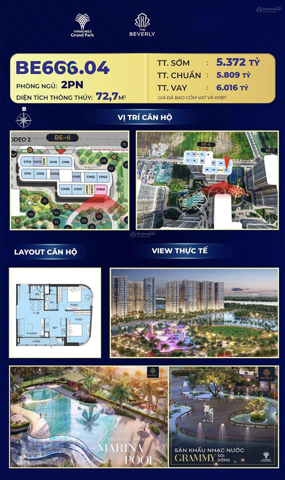 Bán căn 2pn the beverly toà be6, 80m2, giá 5,8ty sẵn sàng nhận nhà ở ngay, mua trực tiếp cđt