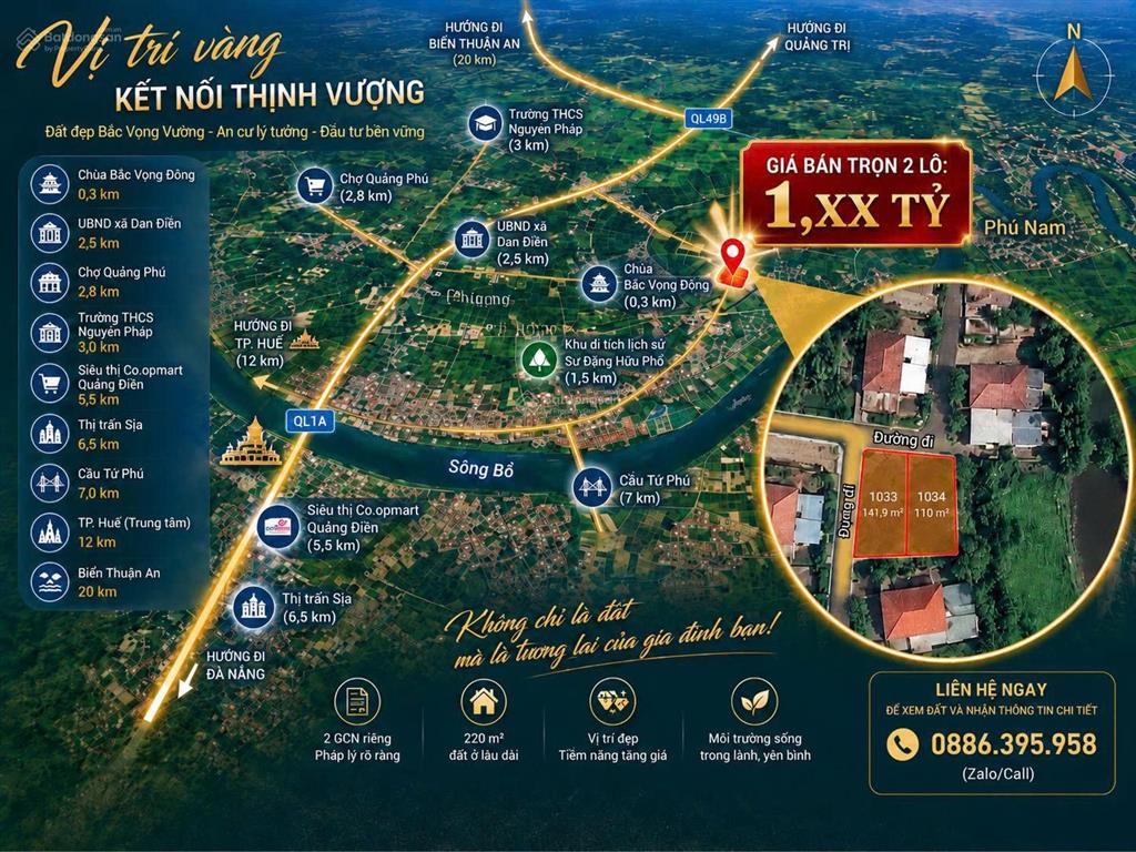 Hiếm 2 lô liền kề 251,9m, lô góc 2 mặt tiền tại quảng điền, tp huế giá 1,35 tỷ