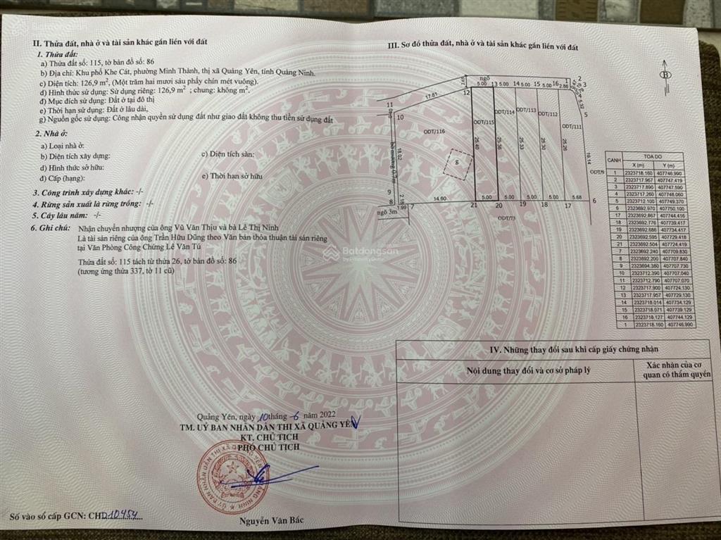 Cần bán ô đất khe cát minh thành quảng yên 126,9m giá 3 tỷ 7