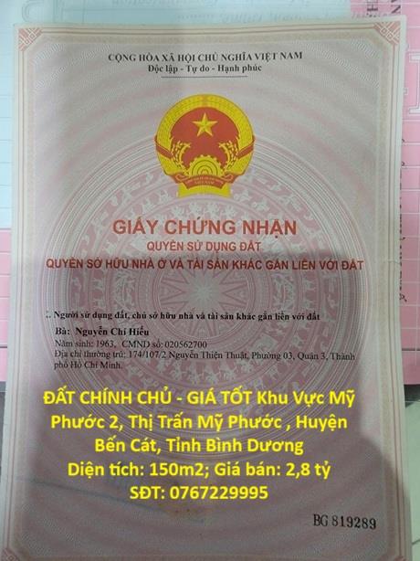 ĐẤT CHÍNH CHỦ - GIÁ TỐT Khu Vực Mỹ Phước 2, Thị Trấn Mỹ Phước , Huyện Bến Cát, Tỉnh Bình