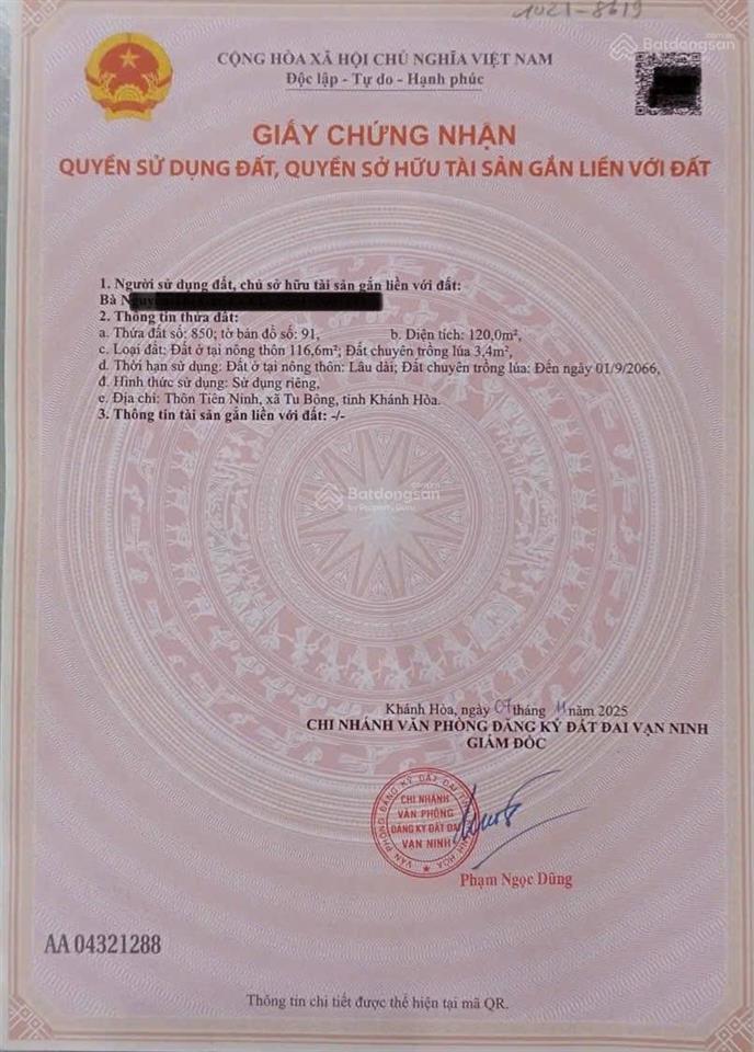 Bán đất thổ cư mặt đường nhựa tu bông, vạn ninh (khu kt vân phong)