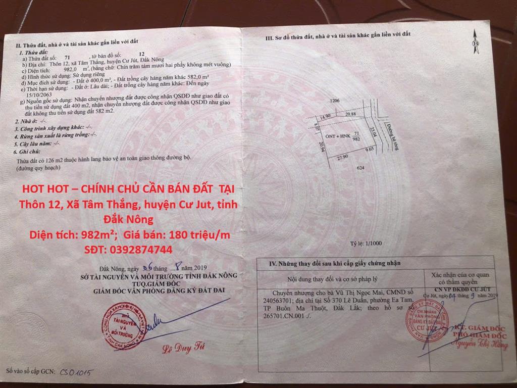 HOT HOT – CHÍNH CHỦ CẦN BÁN ĐẤT TẠI Xã Tâm Thắng, huyện Cư Jut, tỉnh Đắk Nông