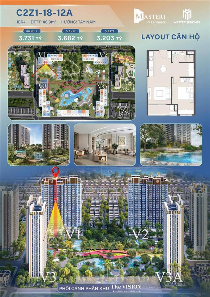 Bán căn hộ 1pn+, 1wc 3,2 tỷ, 46,9m2, view đẹp, tòa v1 the vision masteri era landmark ocp3