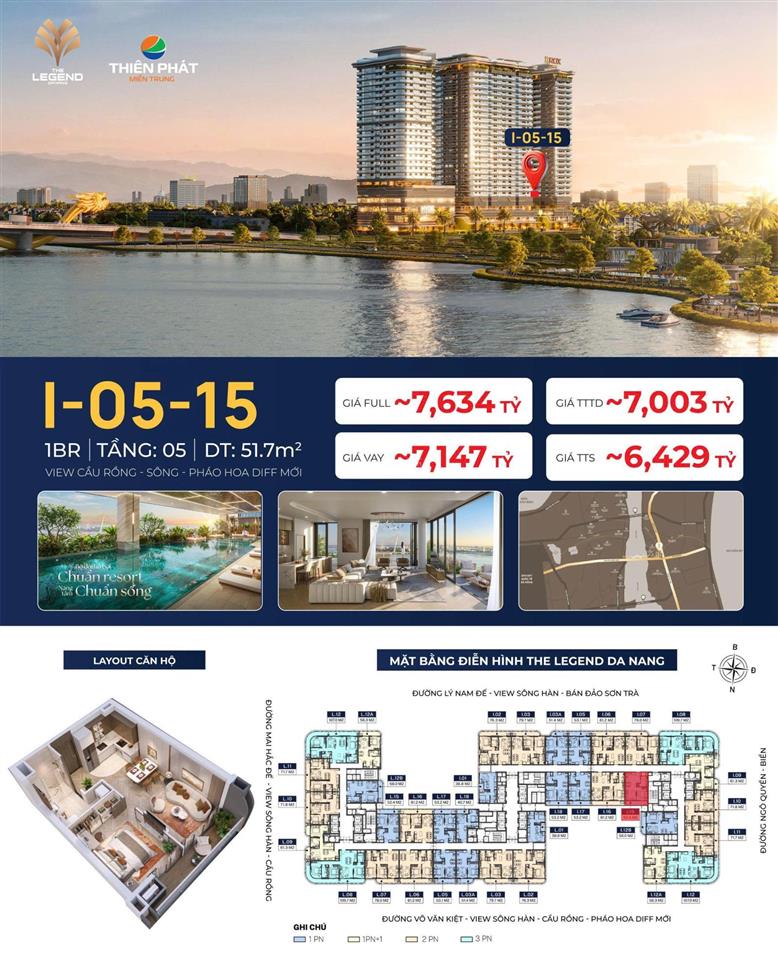 Căn 1pn view cầu rồng sông hàn the legend đà nẵng 51,7m2 tts 6,429 tỷ htls 24 tháng