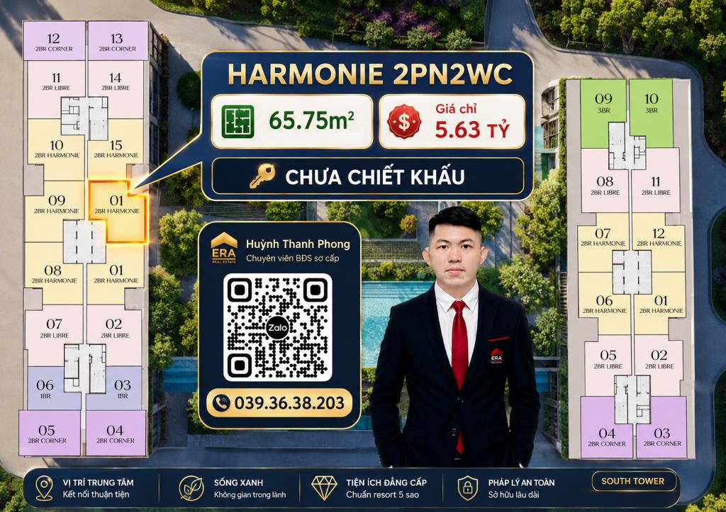 Chính thức 65.75m2 - Giá 5.63 tỷ chưa chiết khấu - Harmonie 2PN2WC Arcadia
