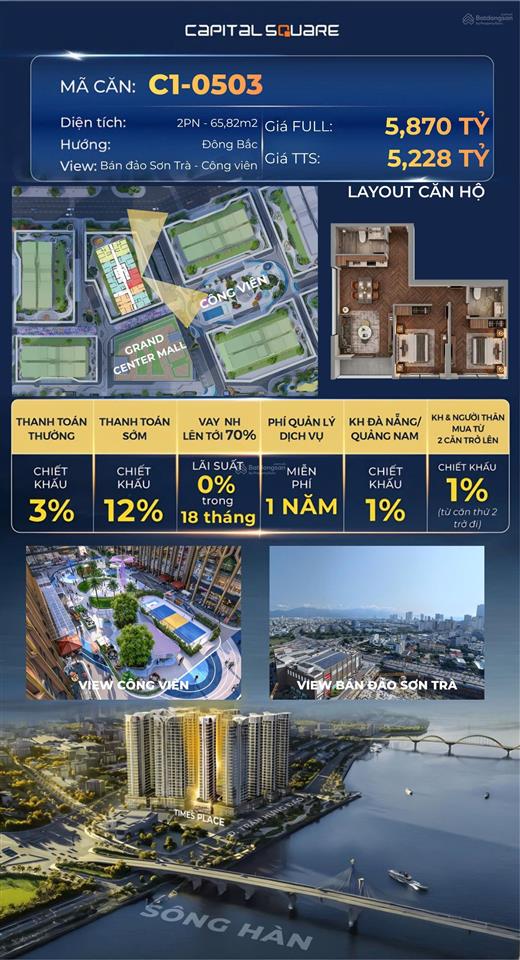 Căn 2pn đẹp capital square view bán đảo sơn trà, công viên trung tâm, giá gốc từ cđt