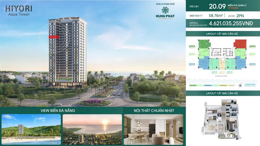 Bán căn hộ 2pn, 59m2 hiyori aqua tower đà nẵng. giá chỉ 5 tỷ, bàn giao nội thất liền tường