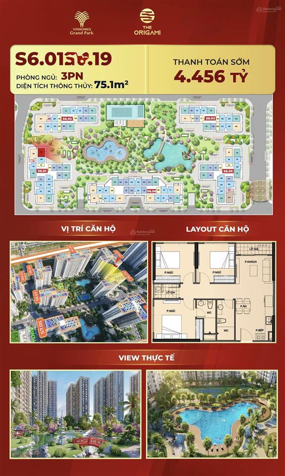 Bán căn hộ origami toà s6 căn 3pn, 2wc, 81,5m2, vinhomes grand park q9 giá 4,4ty mua trực tiếp cđt