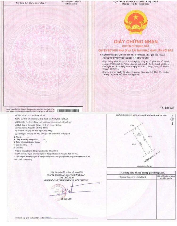 BÁN ĐẤT PHƯỜNG LÊ LỢI, TP.VINH - DT 121M2 VÀ 364M2 – SHR - GIÁ CHỈ TỪ 55TR/M2. LH:0903464999.