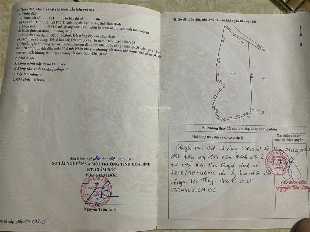 Bán đất thổ cư chính chủ thôn bót, xã phú thành, huyện lạc thủy, hòa bình