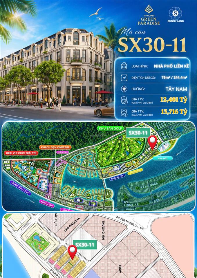 Nổi bật 1 căn vịnh tiên cạnh casino dt 75m2 giá 12.4 tỷ full. 4 tầng nằm trong dãy sx30