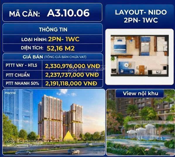 Chỉ từ 2,2 tỷ sở hữu căn 2pn tại monrei saigon (mã căn a3.10.06)