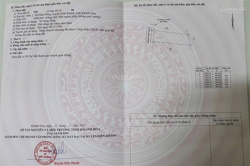 Bán đất 1000m2 tại đường 2, xã diên thọ, khánh hòa, 2,2 tỷ