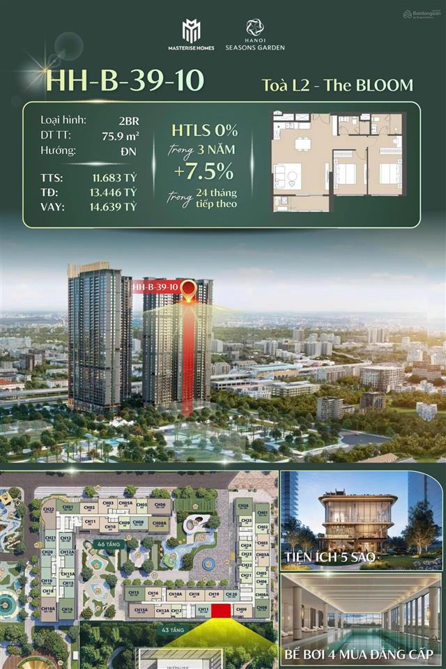 Bán căn 2pn lumière hanoi seasons garden, 75,9m2, chỉ 11,683 tỷ, ký hđmb trực tiếp cđt