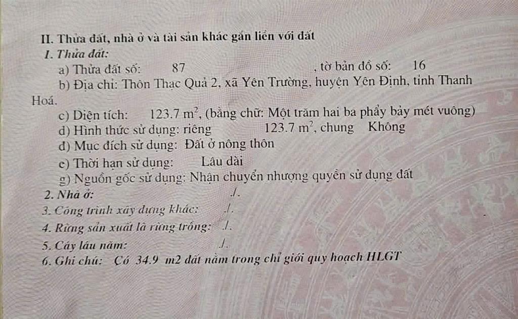 HOT HOT – CẦN BÁN ĐẤT GẦN NHÀ XE HOÀNG ĐÔNG, PHỐ KIỂU, X. Yên Trường, H. Yên Định, T.
