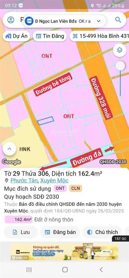 Đất phước tân, xuyên mộc, xã hồ tràm tp. hcm 162m2