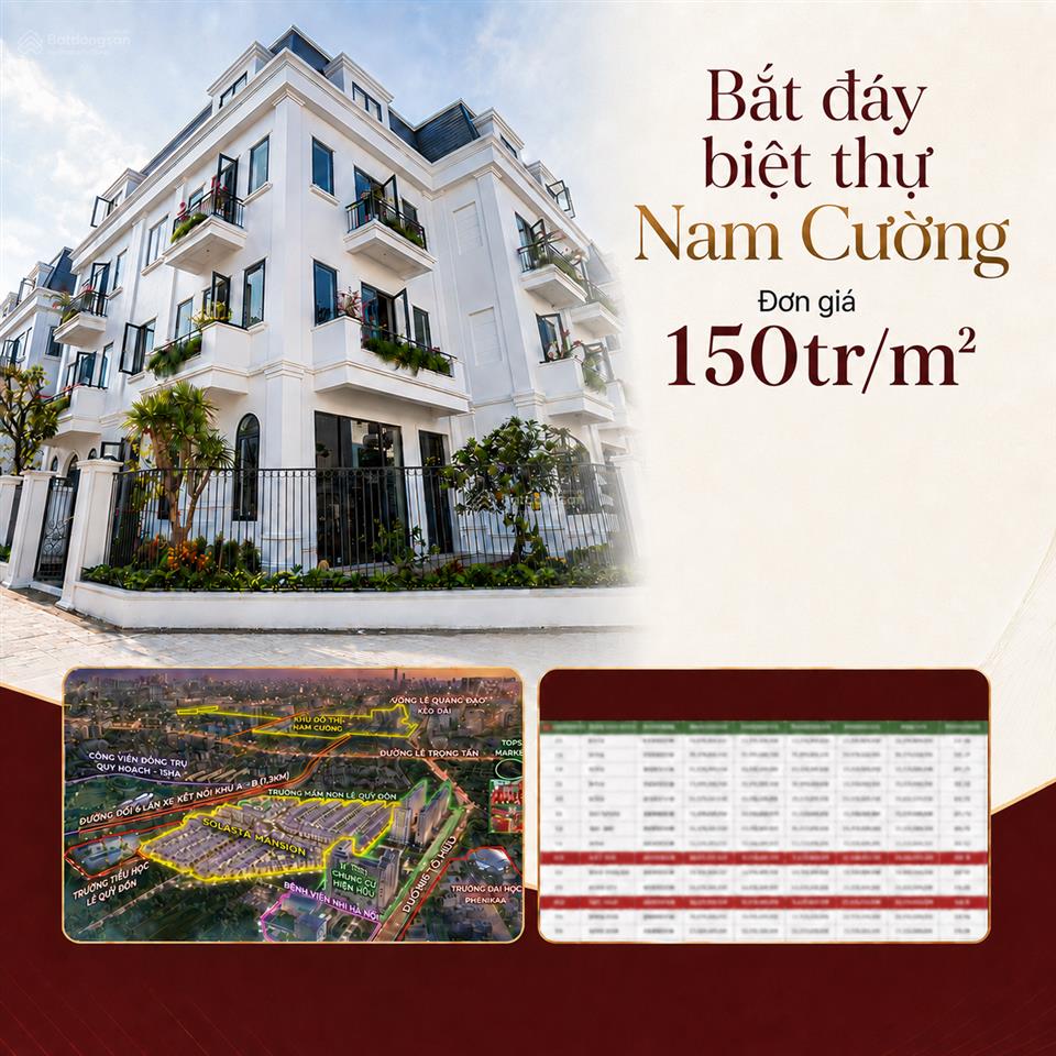Giảm sâu 35%. biệt thự solasta nam cường giá chỉ 150tr/m2. nhận nhà ngay, sổ có sẵn từng căn