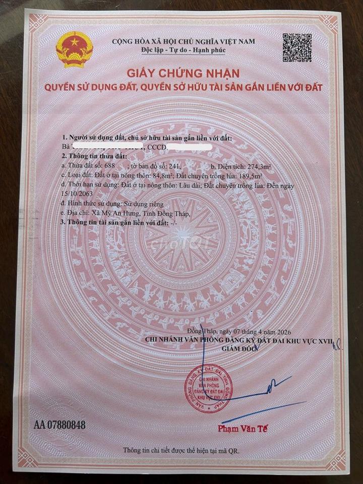 Đất nền mặt tiền 13m đường ĐT 849 kế bên trường THPT Lấp Vò 2