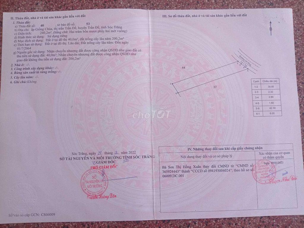 Cần bán 6,96m đất nền thổ cư mặt tiền lộ bê tông trên 3m trung tâm TĐ