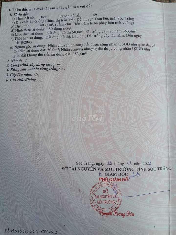 Đất nền thổ cư đô thị mặt tiền lộ bê tông trần đề,thành phố cần thơ
