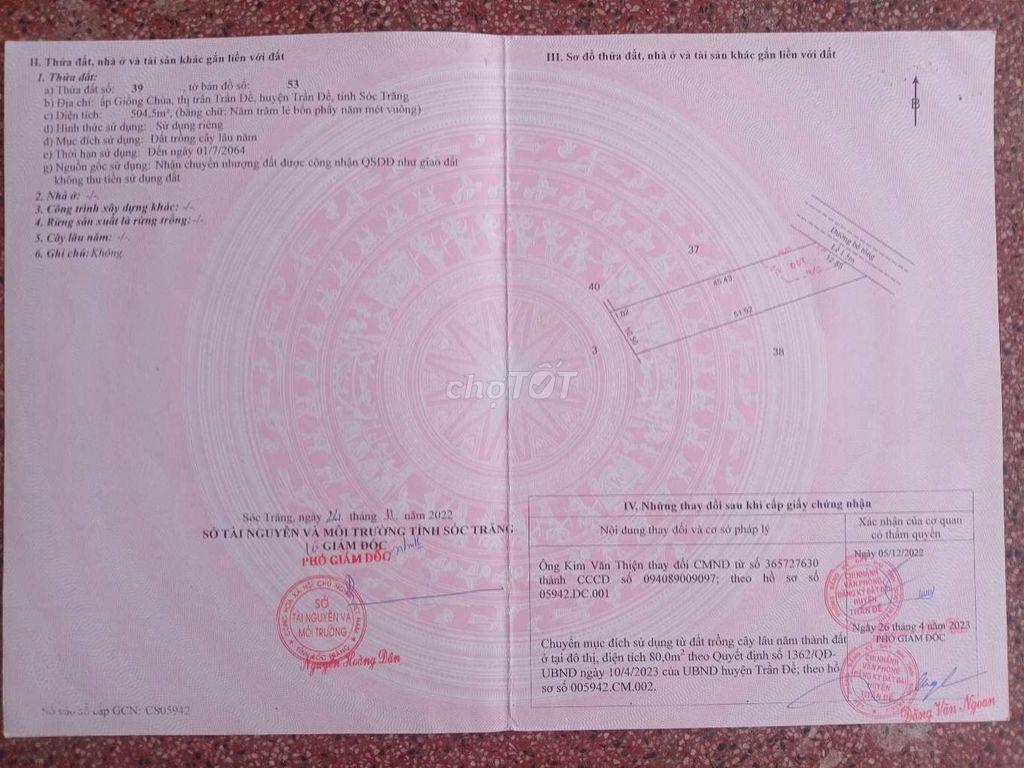 Chính chủ cần bán đất nền thổ cư đối diện nhà trọ huỳnh dương trần đề