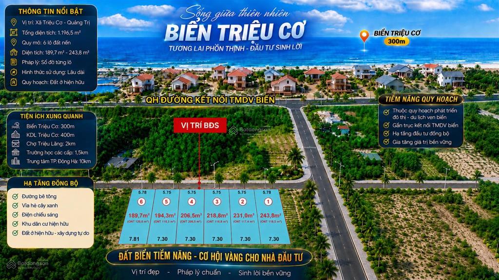 330tr lô đất cách biển 100m diện tích hơn 200m mặt tiền 5.75m nở hậu 7.30m