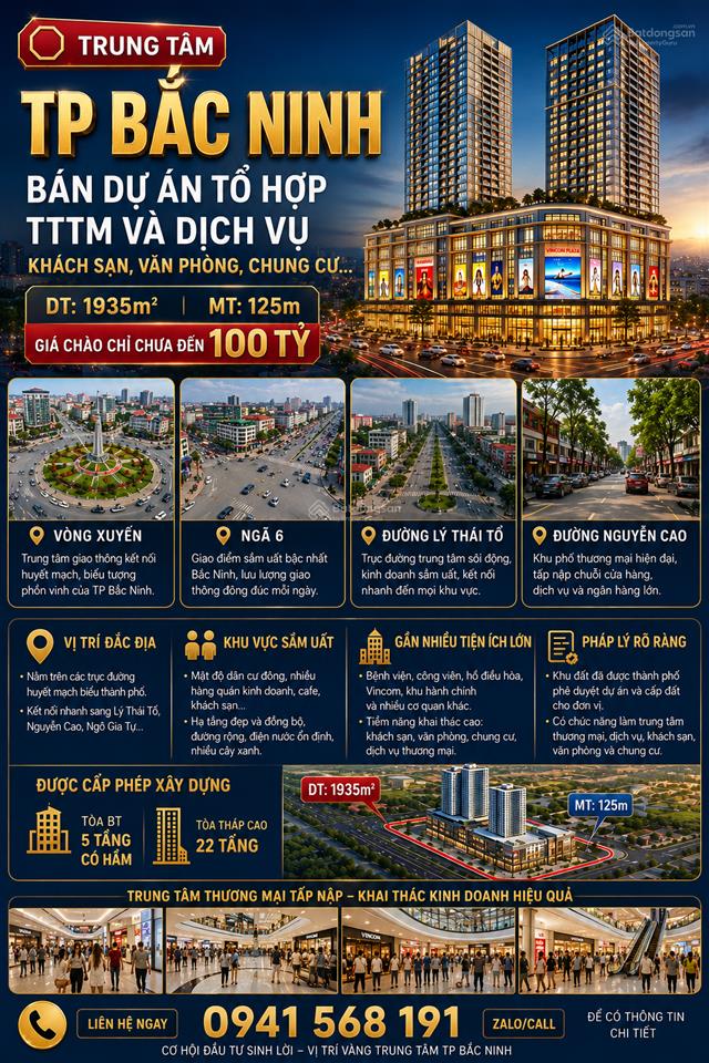 Bán lô đất vàng 1935m2 mt 125m giữa trung tâm tp bắc ninh vị trí kim cương chỉ dưới 50tr/m2