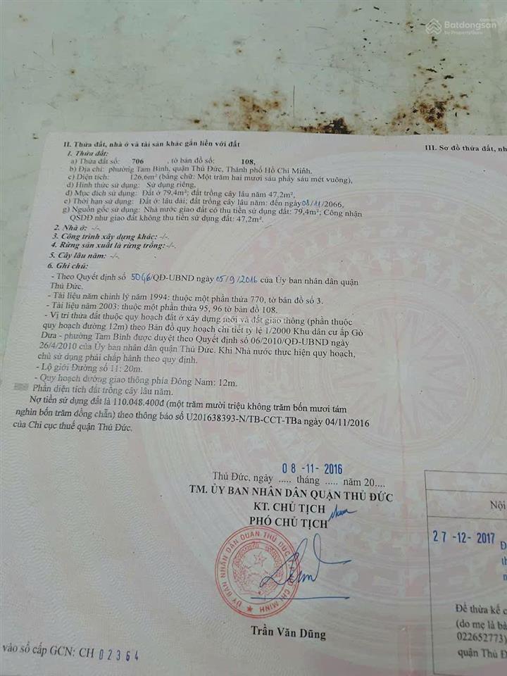 Bán đất mt đường 11, tam bình, thủ đức.