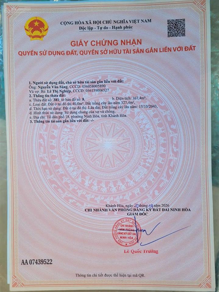 Bán đất 367m2 1 sẹc đường minh mạng, p ninh hòa, khánh hòa