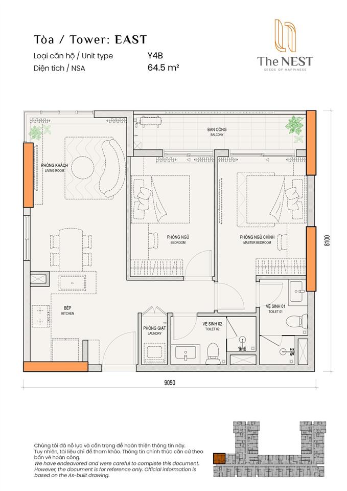Căn hộ 2pn 2wc 64,5m2 the nest e2414, tầng 24, giá 3,447 tỷ