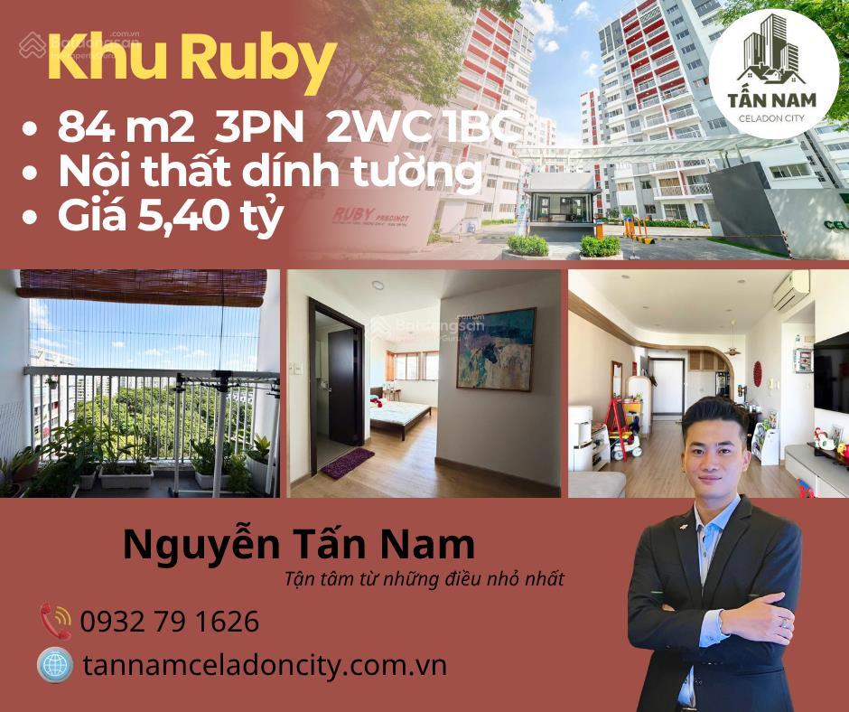 Bán căn hộ 3pn celadon city khu ruby 84m2 ban công rộng, view xanh, giá chỉ 5.4 tỷ