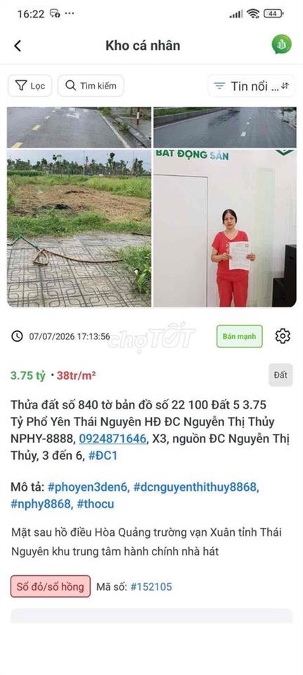 Bán đất chính chủ 100m² mặt sau Hồ Điều Hòa Quang Trung – Phổ Yên
